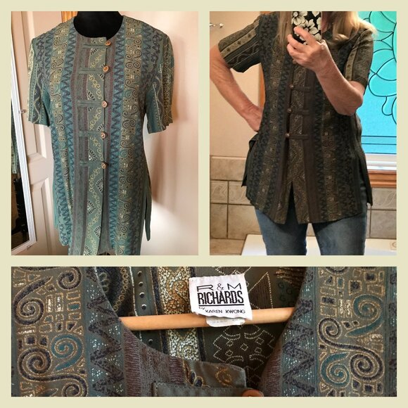 R&M Richards 70s Asian Blouse: Lightweight Tunic Olive Green Gold Size 12 Petite - Picture 8 of 8